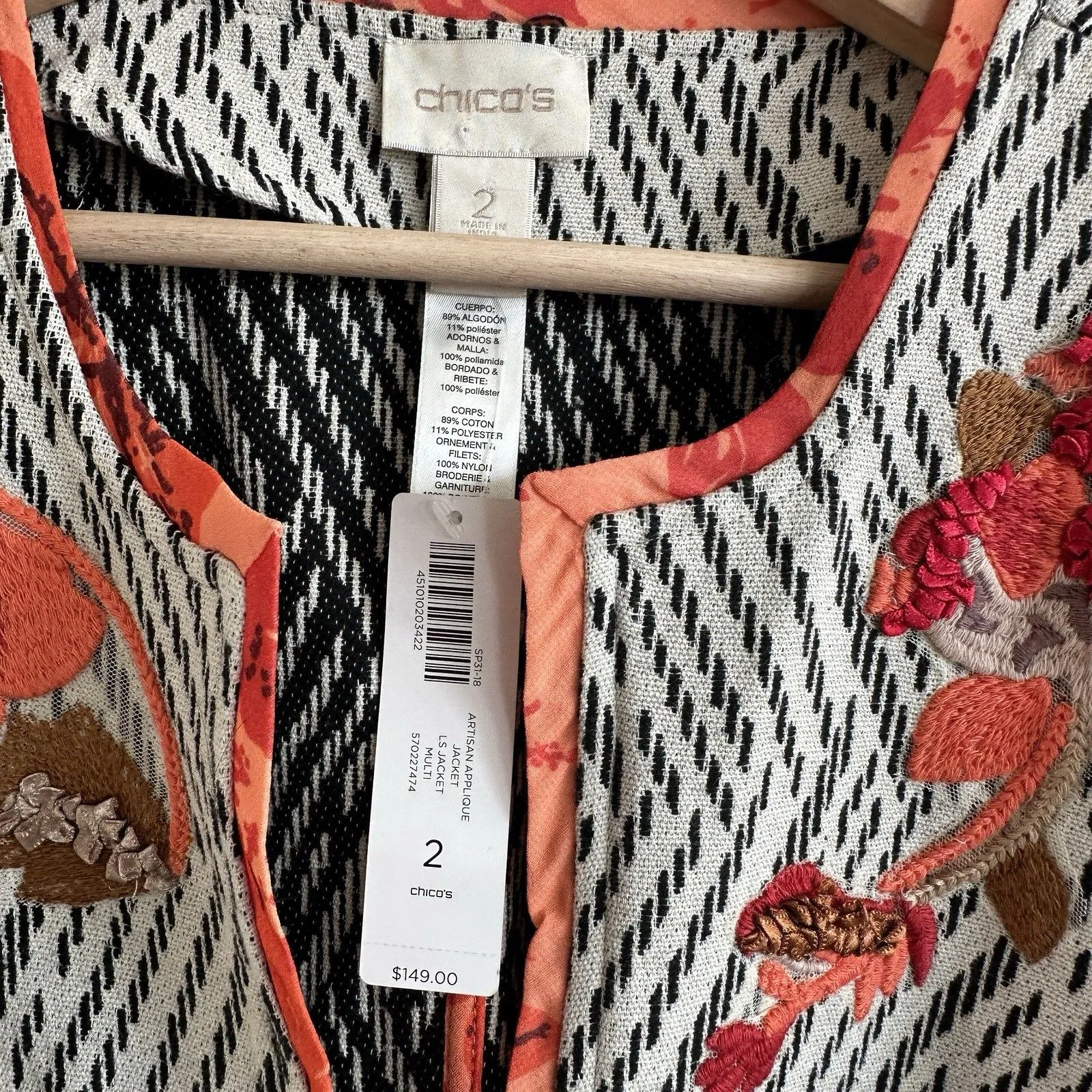 NWT Chico’s Artisan Applique Floral Embroidered 3/4-Sleeves Open Front Jacket 2 - Image 9