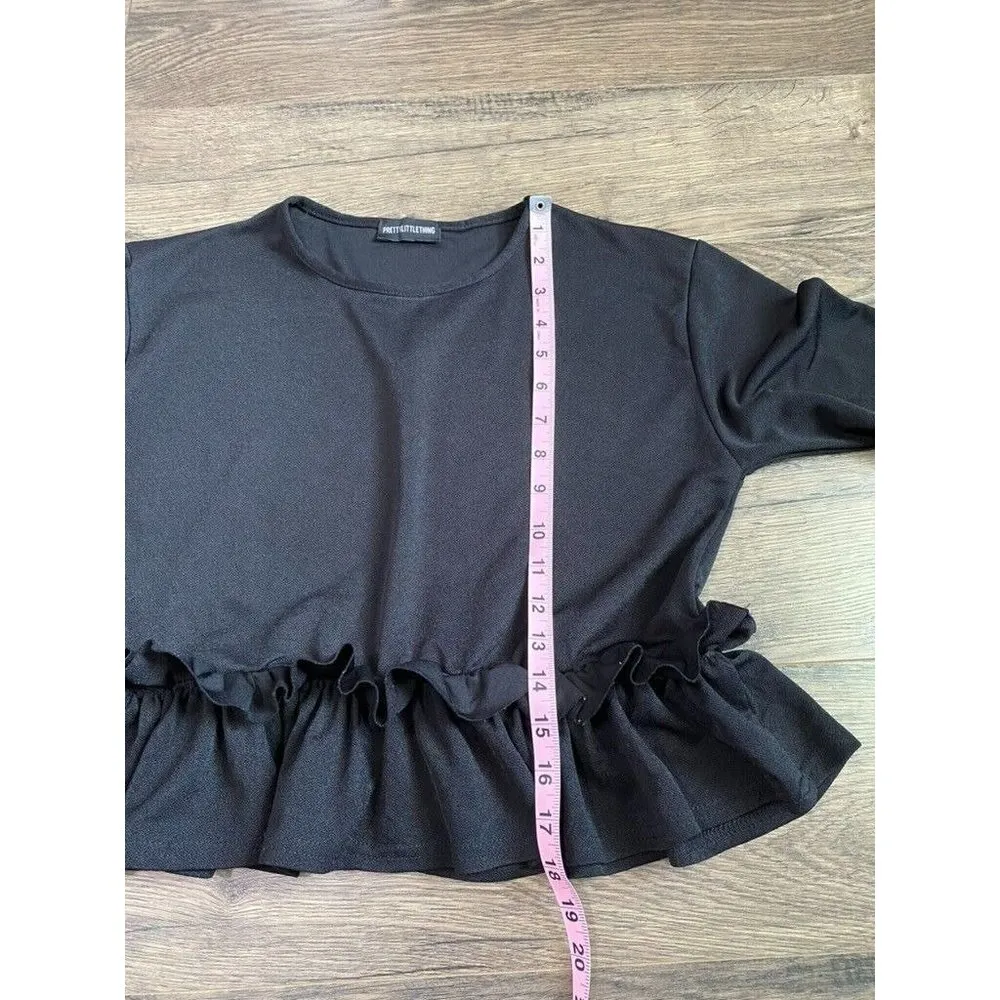 EUC Womens Pretty Little Thing black frill bell long sleeve ruffle crop top SZ 6 - Image 7