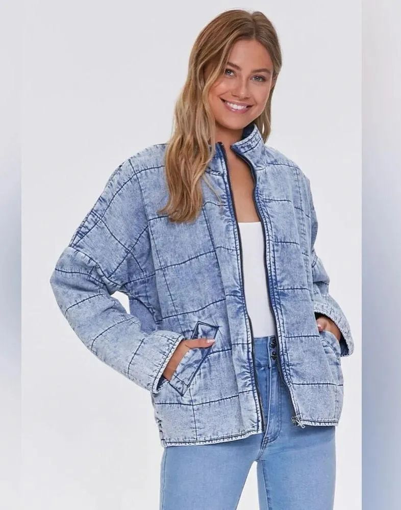 Forever 21 Dolman Quilted Acid Wash Knit Jacket in Wavy Waters - Image 2