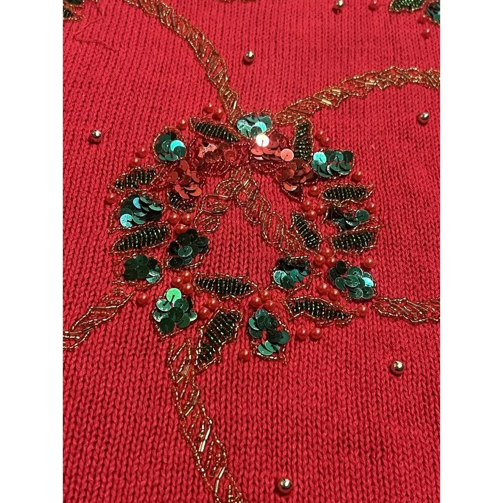 Victoria Harbour Ugly Christmas Sweater Medium Red Beaded Sequin Wreaths Vintage - Image 3