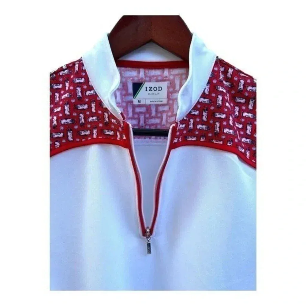 Izod Women's Size M Shirt Short Sleeve White Red 1/4 Zip Golf Collarless‎ Flaw​​ - Image 2