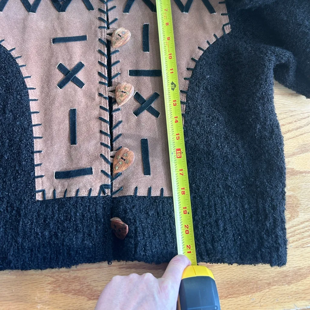 Sandy Starkman Brown Knit & Black Leather Patchwork Button Up Jacket Coat Small - Image 5