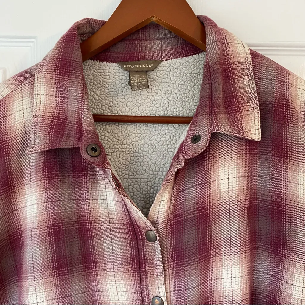 Bit and Bridle Heavyweight Shacket Women XL Maroon Plaid Sherpa Western - Image 5