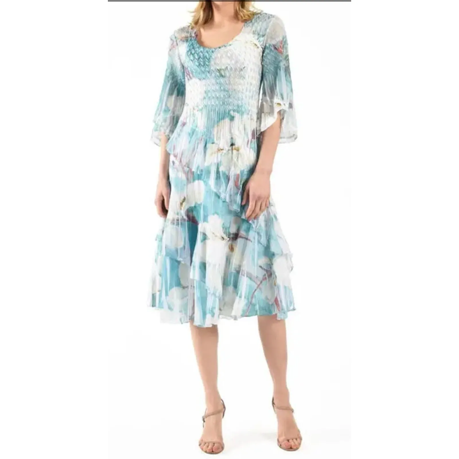 KOMAROV Charmeuse & Chiffon Tiered Dress Iris Watercolor Smocked Size XL‎ $358 - Image 16