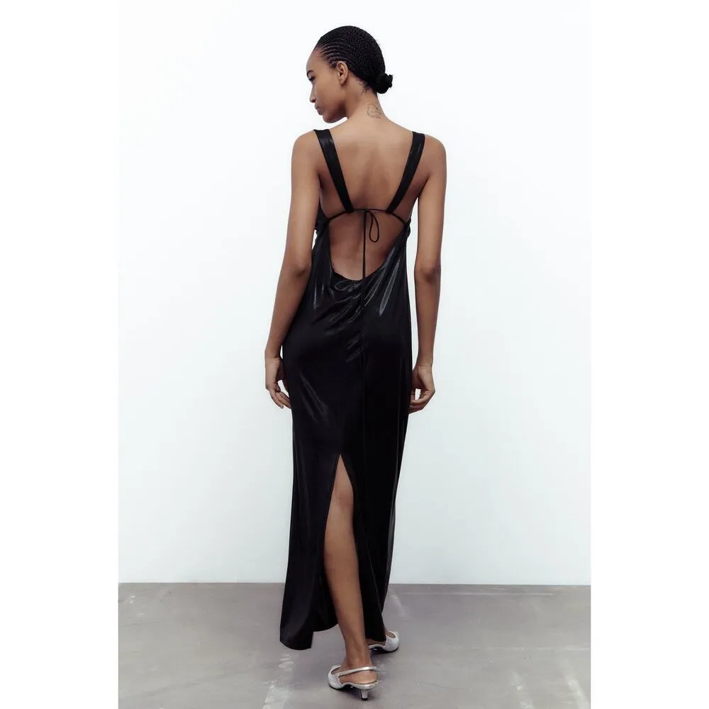 Zara Long Ruched Oil Slick Fabric Maxi Dress with Back Slit in Black - Image 3