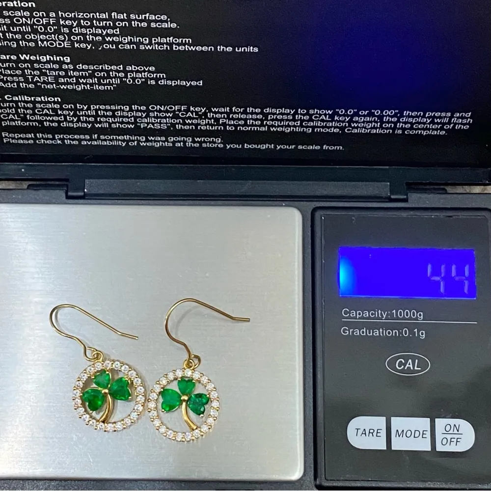 Goldplated CZ Emerald Green Crystal Glass Shamrock Lucky Clover Leaf Earrings - Image 14