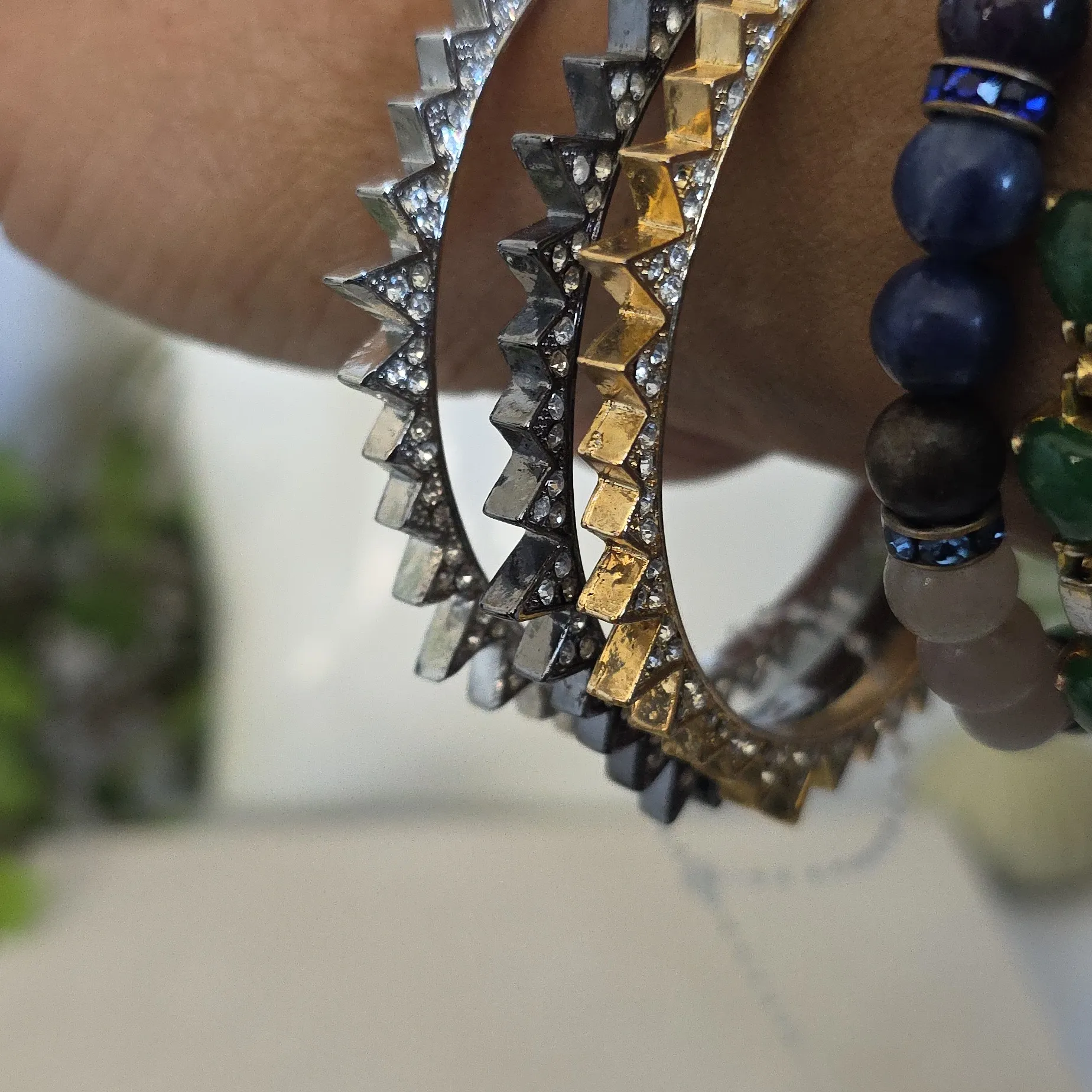 Set Of Three Bangle Bracelet Set Starburst with Rhinestone Gold Silver Grey - Image 11