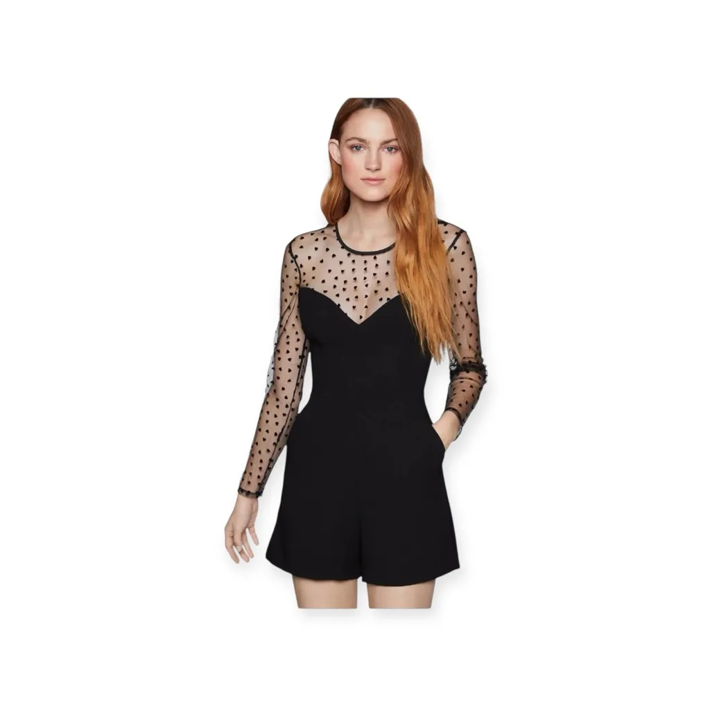 new BCBGeneration ❤︎︎ Sweetheart Flocked Tulle Panel Open Back Romper ❤︎︎ Black - Image 4