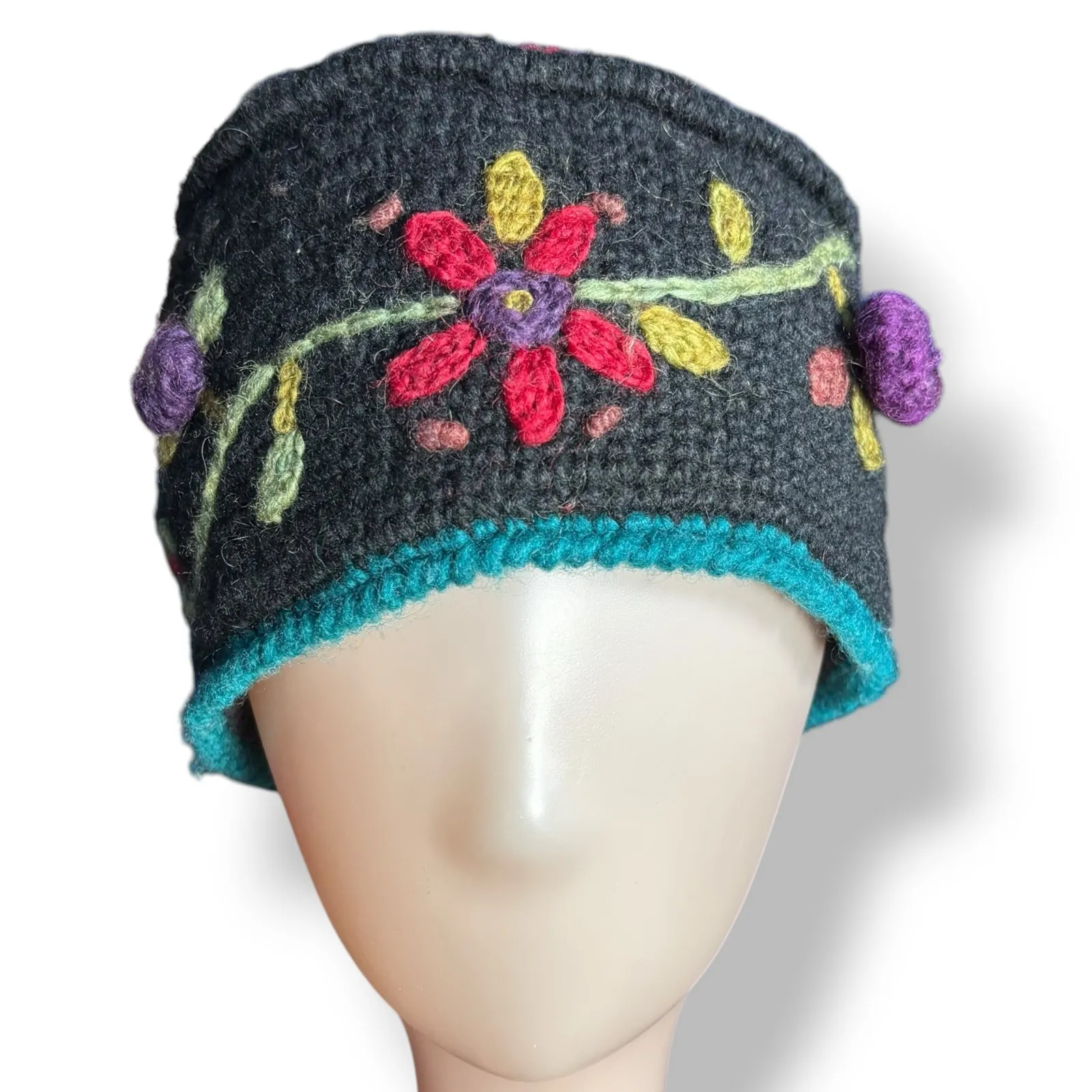 Icelandic Design Newari Handcrafted Wool Floral Hat Boho Folk Art Winter Beanie Black - Image 1