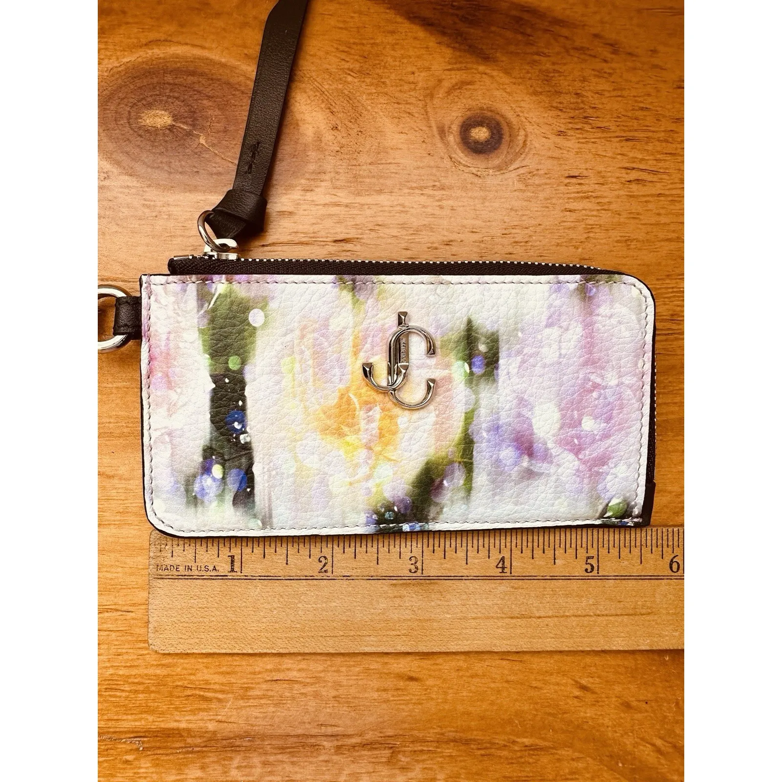 Jimmy Choo Coin Case Wallet Zip-Around Floral Pattern LISE-Z Card Holder‎ Purple - Image 4