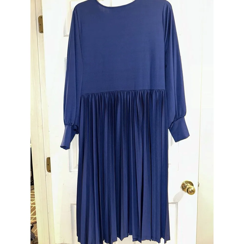 Eloquii Size 20 Knot Front Pleated Skirt Long Sleeve Midi‎ Dress Blue Holiday - Image 10