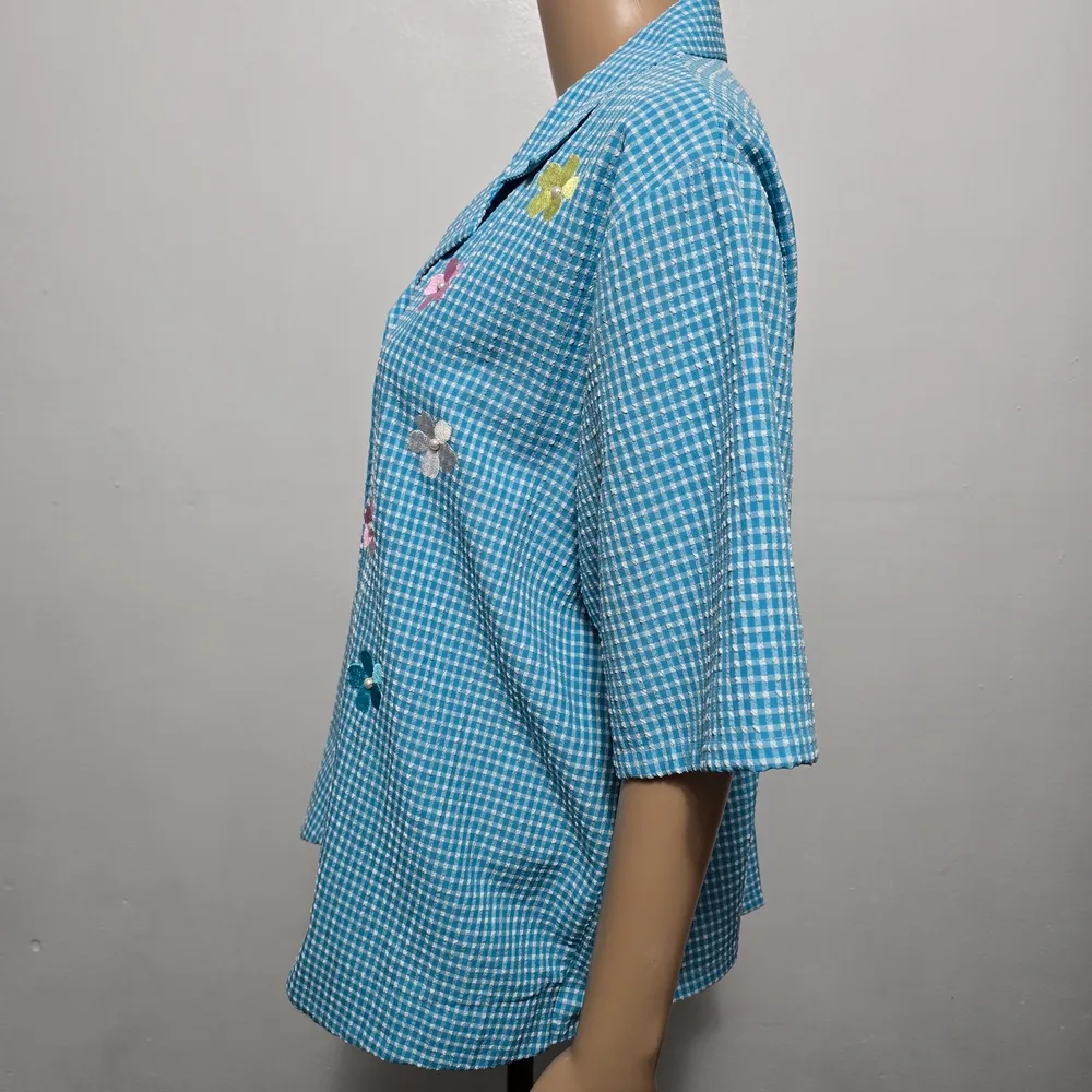 Vintage BonWorth Turquiose Floral Embroidered Gingham Shirt – Size Large Blue - Image 3