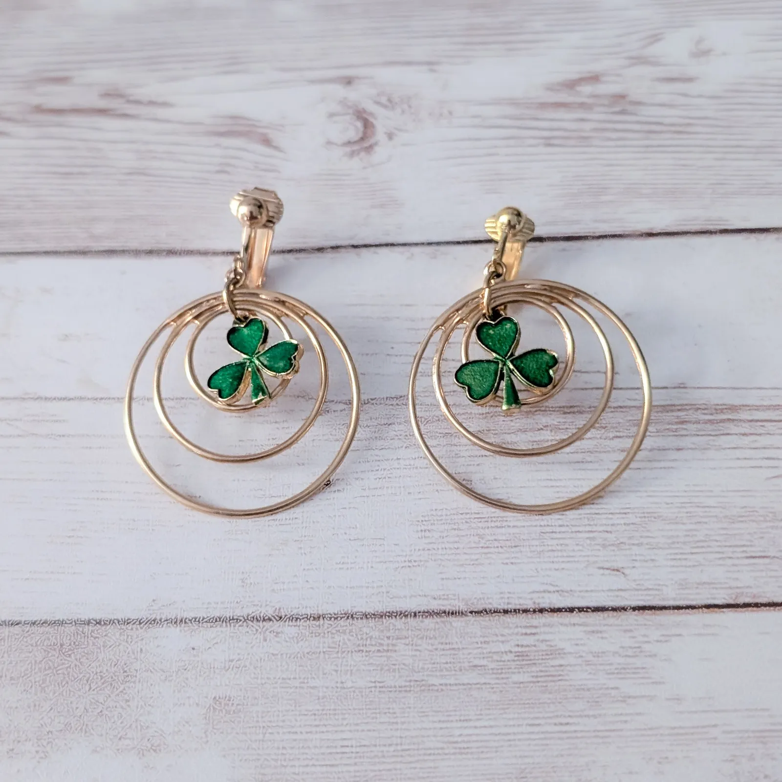 Vintage Clip On Earrings Large Gold Tone & Shamrock Dangle Irish Theme - Image 3