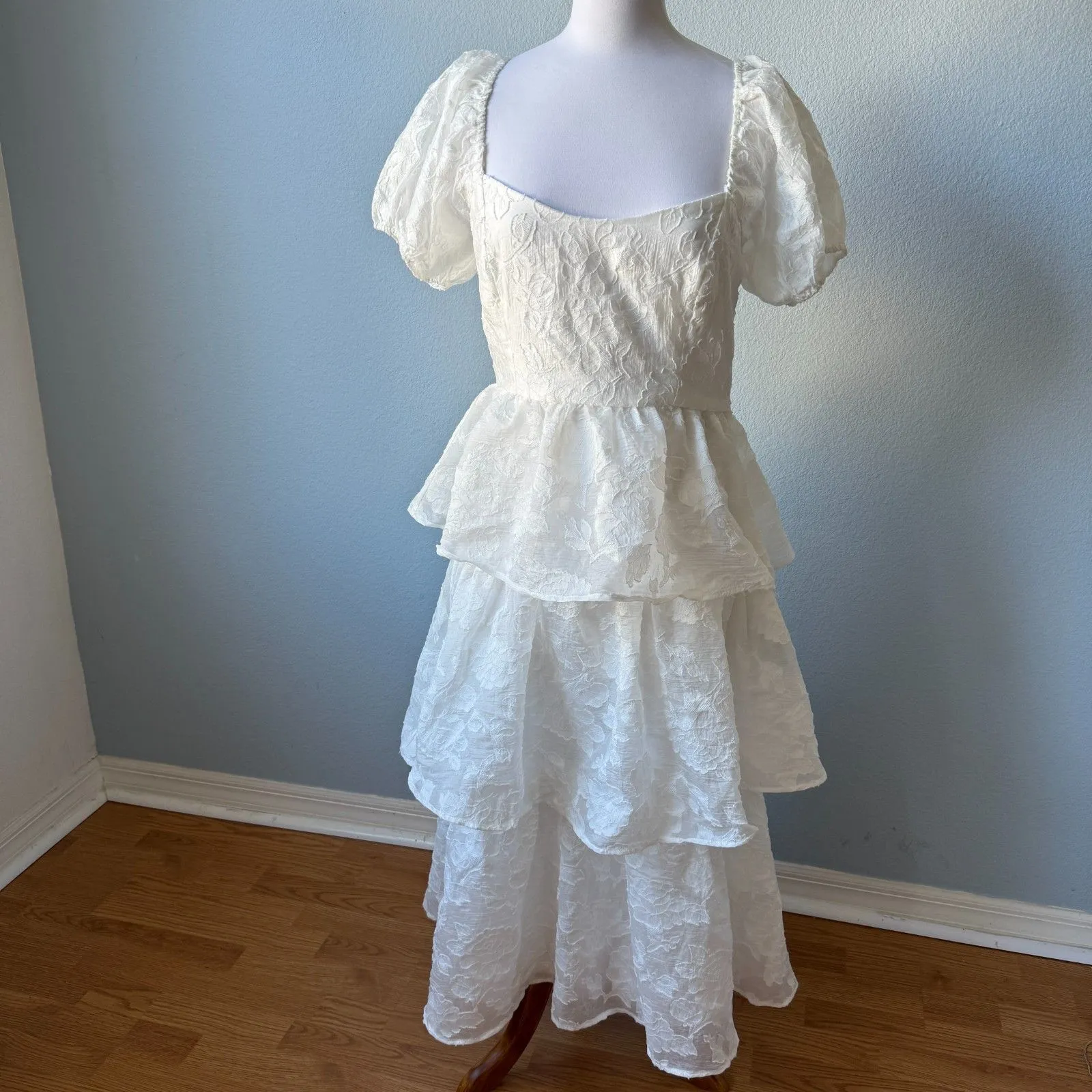 Lulus Mesmerizing Sweetheart Ivory Jacquard Puff Sleeve Midi Dress - Image 4