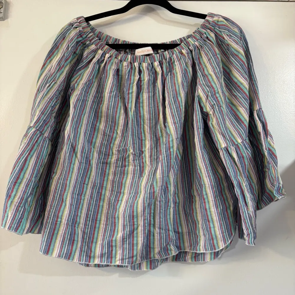 SEE BY CHLOE OFF SHOULDER TOP Bell Sleeves Striped M Cotton Boho Coastal - Image 3