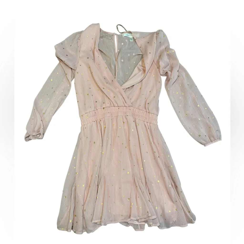 Row A Pink Star Print Chiffon Dress Long Sleeve Wrap Size Small NWT - Image 3