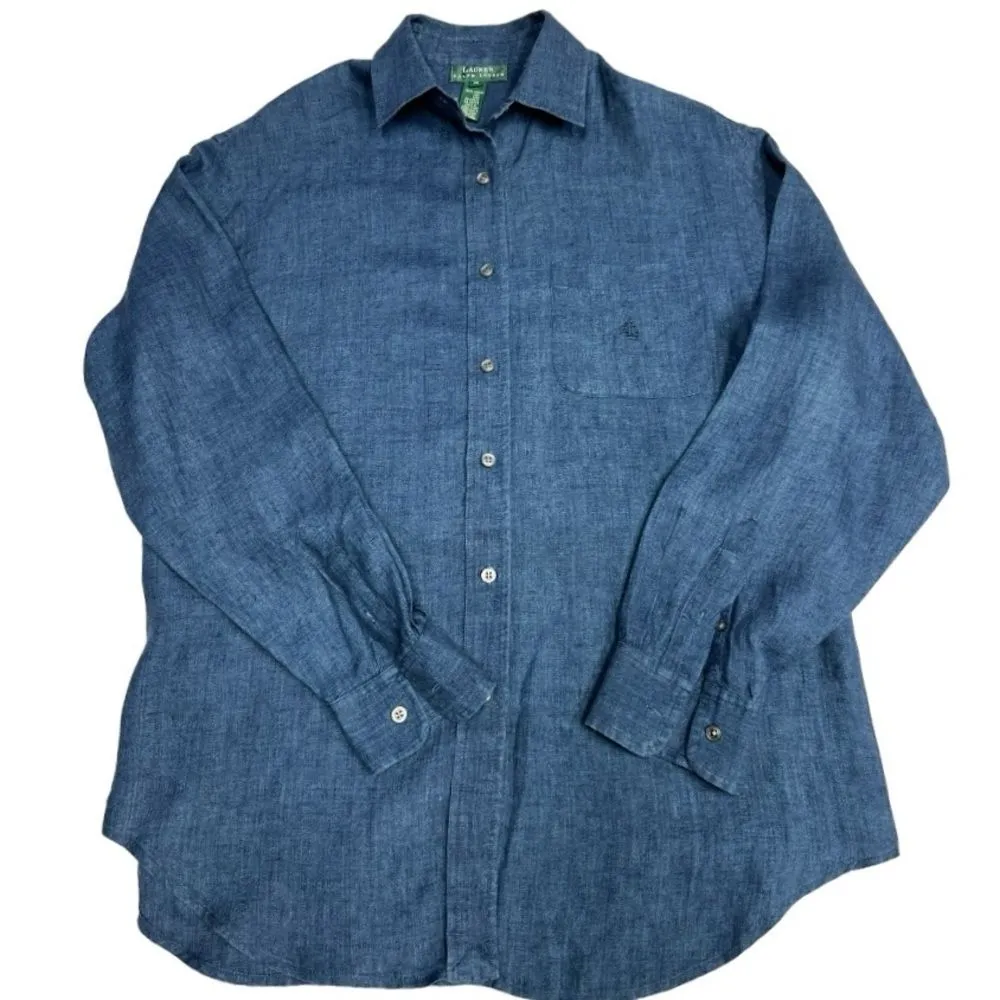 Lauren Ralph Lauren 100% Linen Long Sleeve Button Up Blue Top Blouse Size‎ M Size M - Image 10