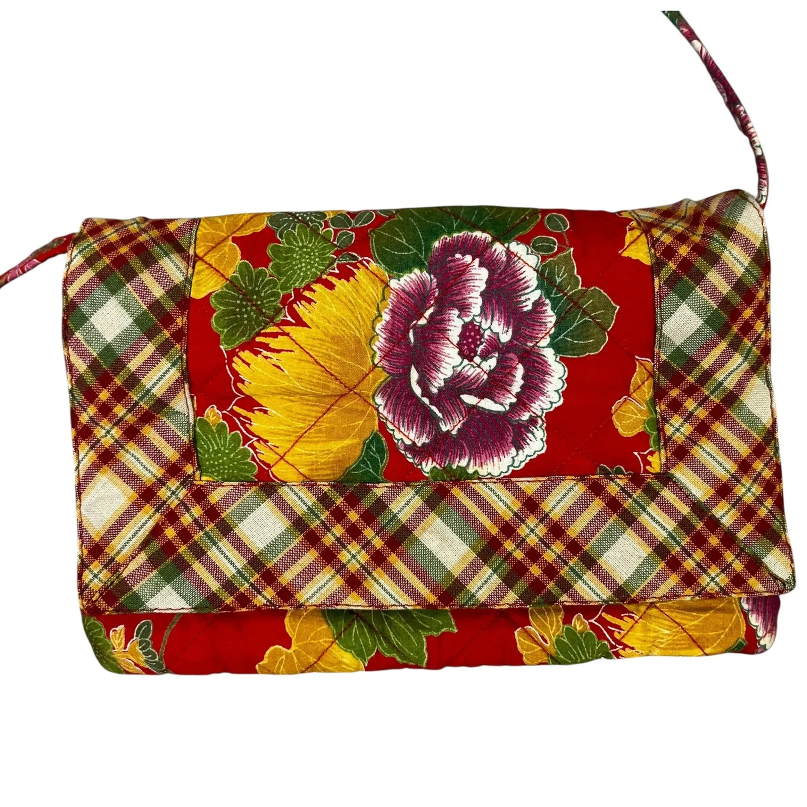 Quilted Floral Clutch Purse Red Plaid Strap Shoulder Bag Cosmetic Pouch - Image 6
