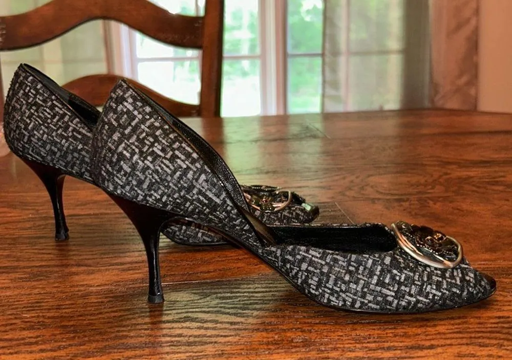 Vintage Authentic Salvatore Ferragamo Tweed Floral Designed Heels Size 7 - Image 3