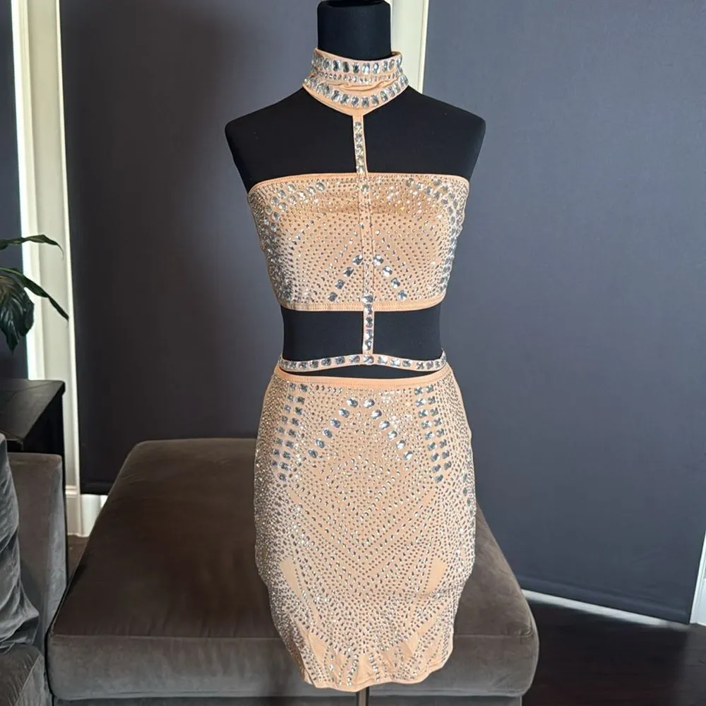 Sexy BodyCon Party 2 Piece Set Outfit Rhinestone Skirt & Halter Top Size M Tan Size M - Image 7