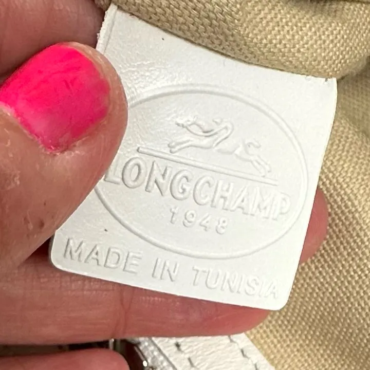 Longchamp • LM Cuir Embossed Logo Metal Luggage Tag White Double Shoulder RARE - Image 10