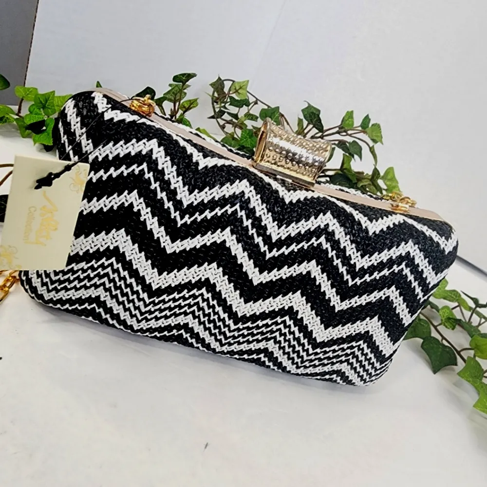 Black White Geometric Chevron Hard Case Clutch Bag New - Image 3
