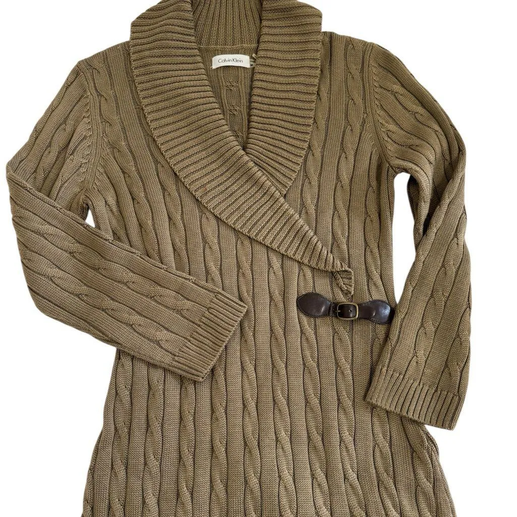 Calvin Klein Cable Knit Sweater Dress with Belt Tan Size M - Image 4