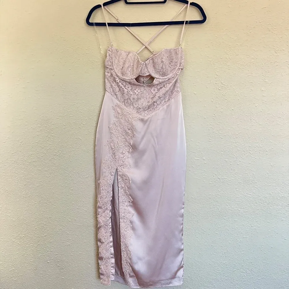 HOUSE OF CB 'Georgia' Crystal Satin and Lace Midi Dress cutout Size M NWOT‎ - Image 6