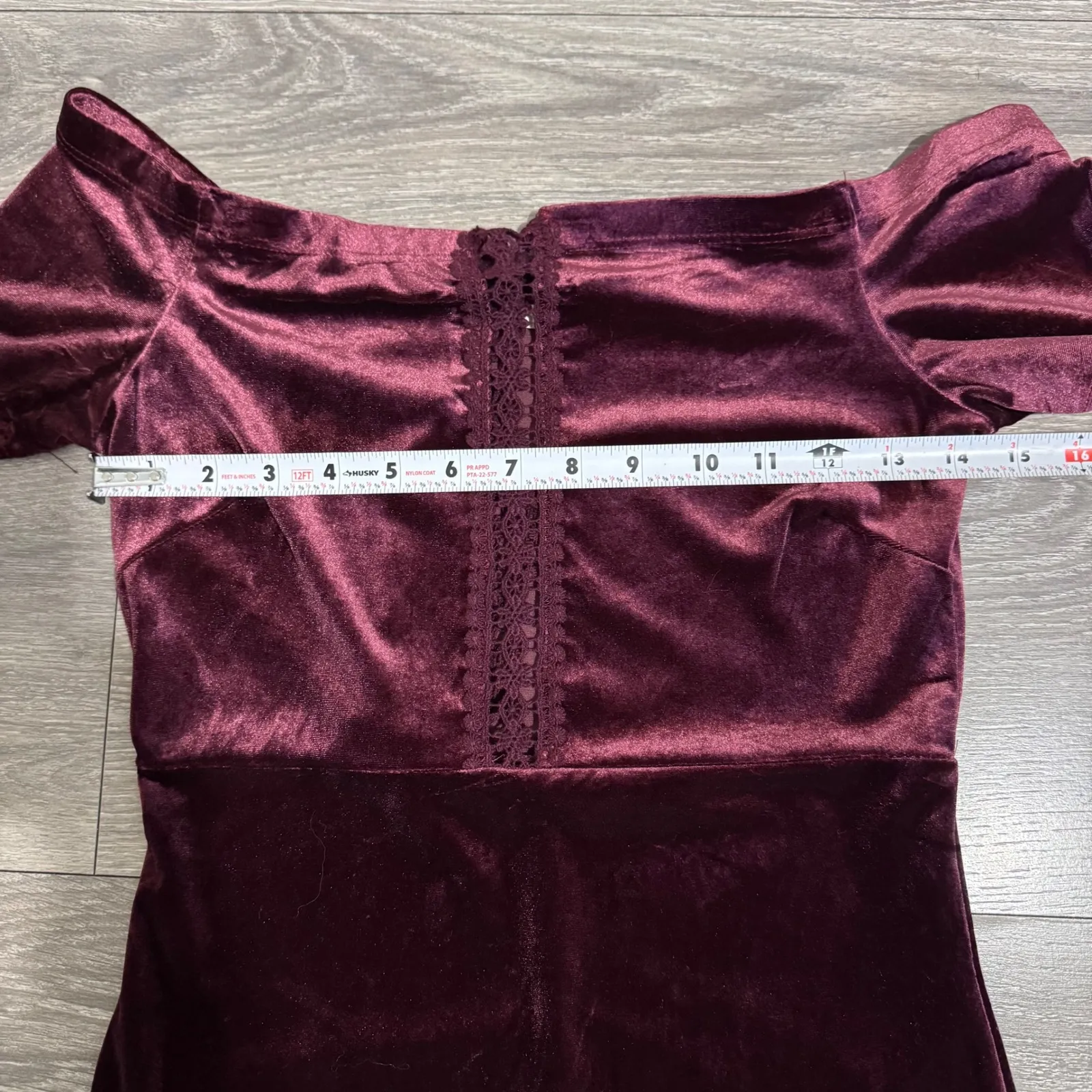 Olive Tree Velvet Choker Neck Off Shoulder Dress Burgundy Lace Detail Gothic M - Image 10