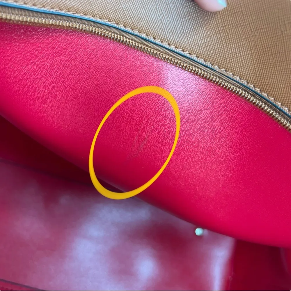 Faux Leather Brown Double Handle Red Lined Tote Bag Purse - Image 14