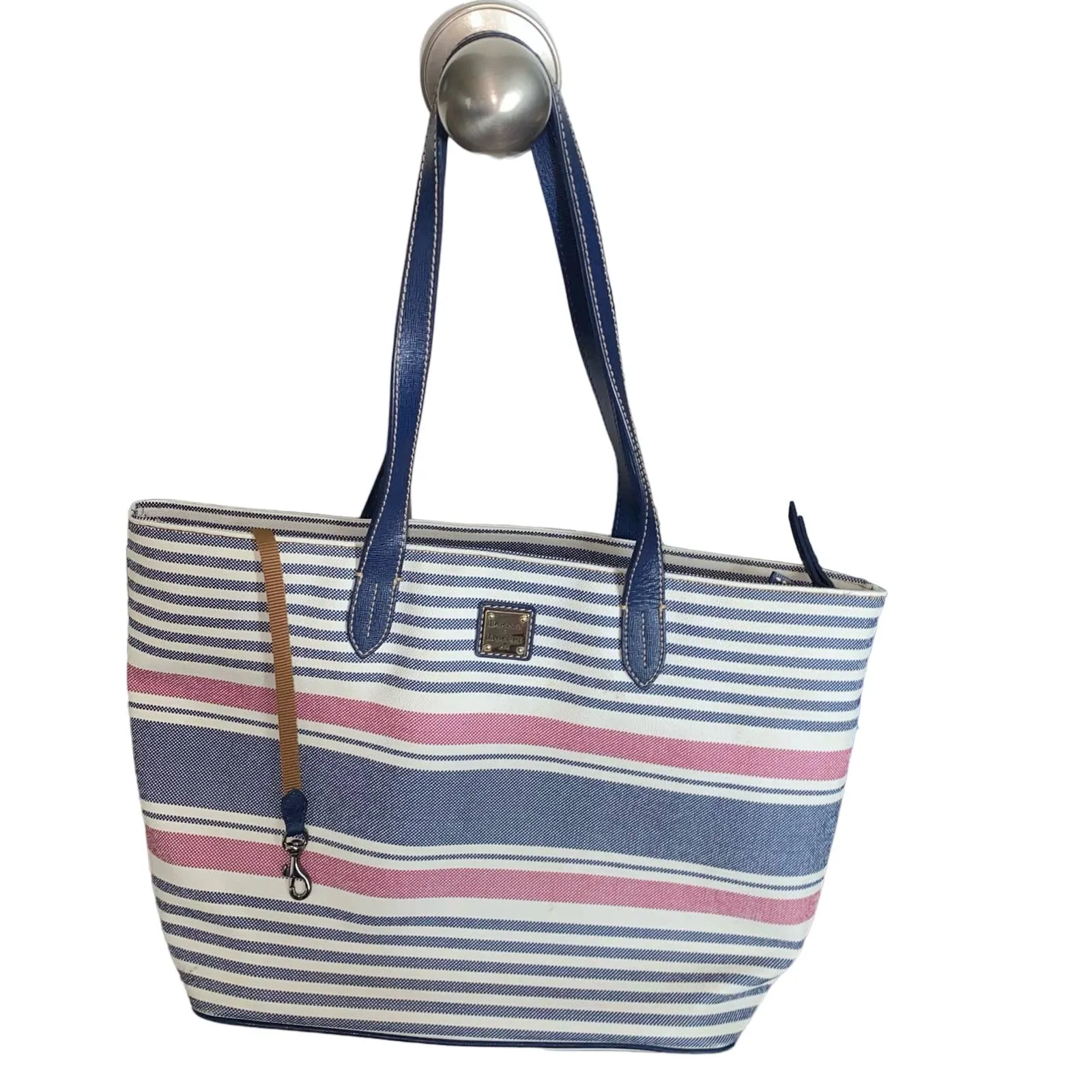 Dooney & Bourke Waverly Shopper Tote Striped Zippered Navy Red Handbag Purse - Image 4