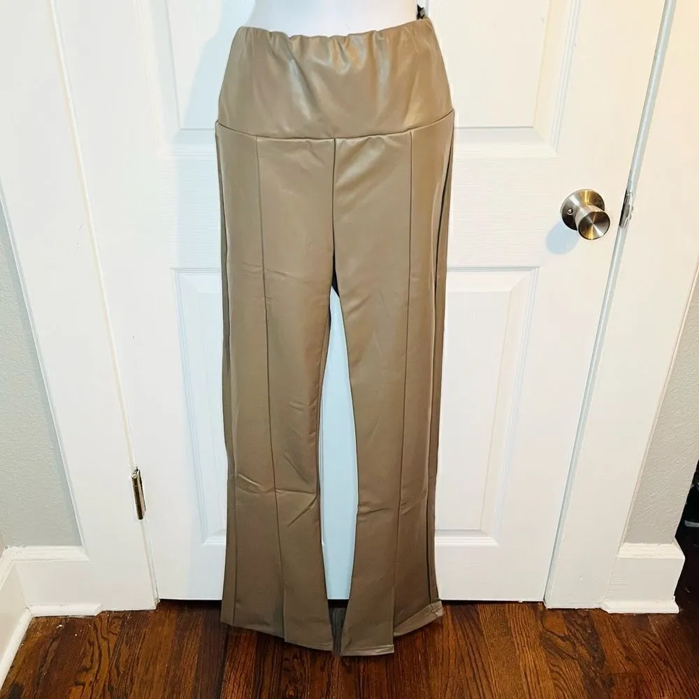 RDI Faux Leather Slit Front Flare Pants Taupe Gray Brown L - Image 2