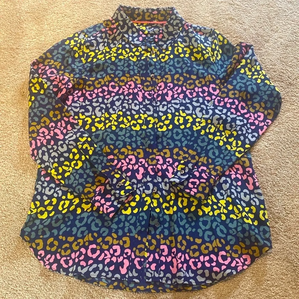 BODEN Silk Button Down Shirt Rainbow Geo Animal AOP Navy Yellow Pink Gray M Blue Size M - Image 2