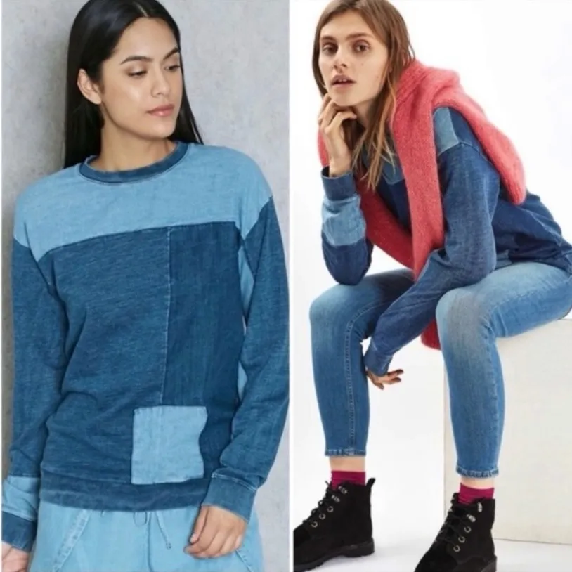 Topshop  Denim Blue Patchwork Sweatshirt - Image 2