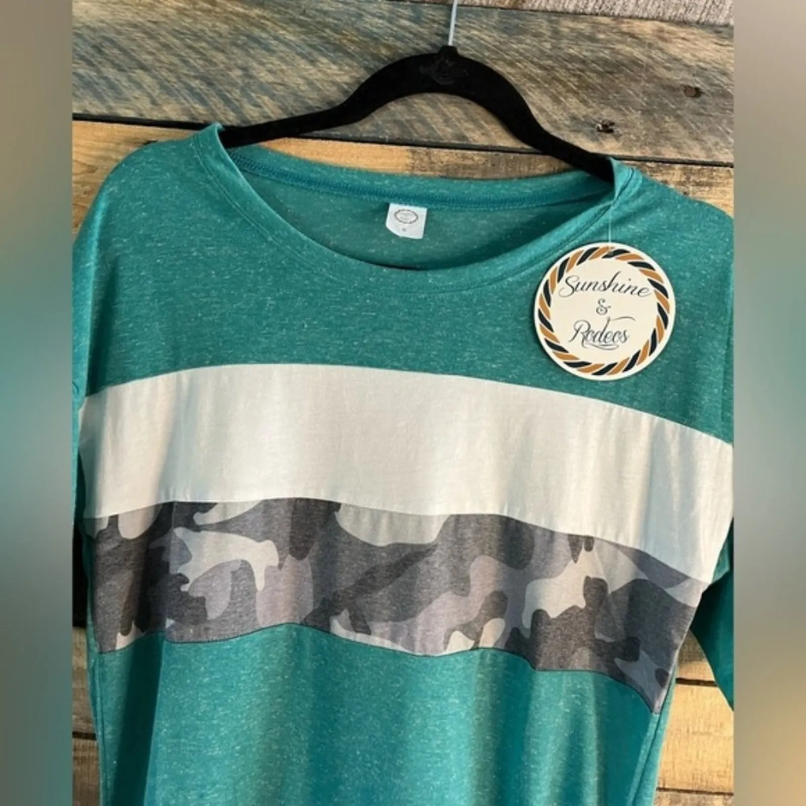 Sunshine & Rodeos Turquoise Camo Stripe Top Size Small‎ - Image 4