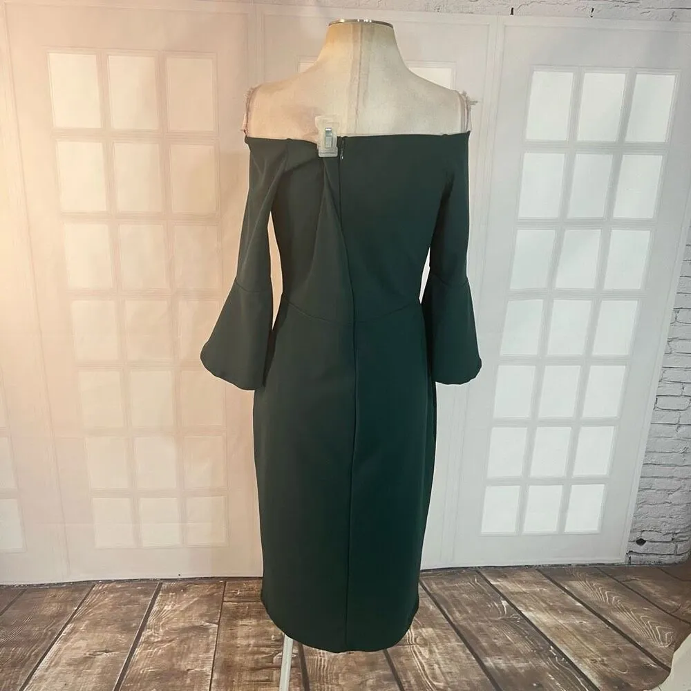 H&M green off the shoulder bell sleeve cocktail party sheath dress size medium - Image 6