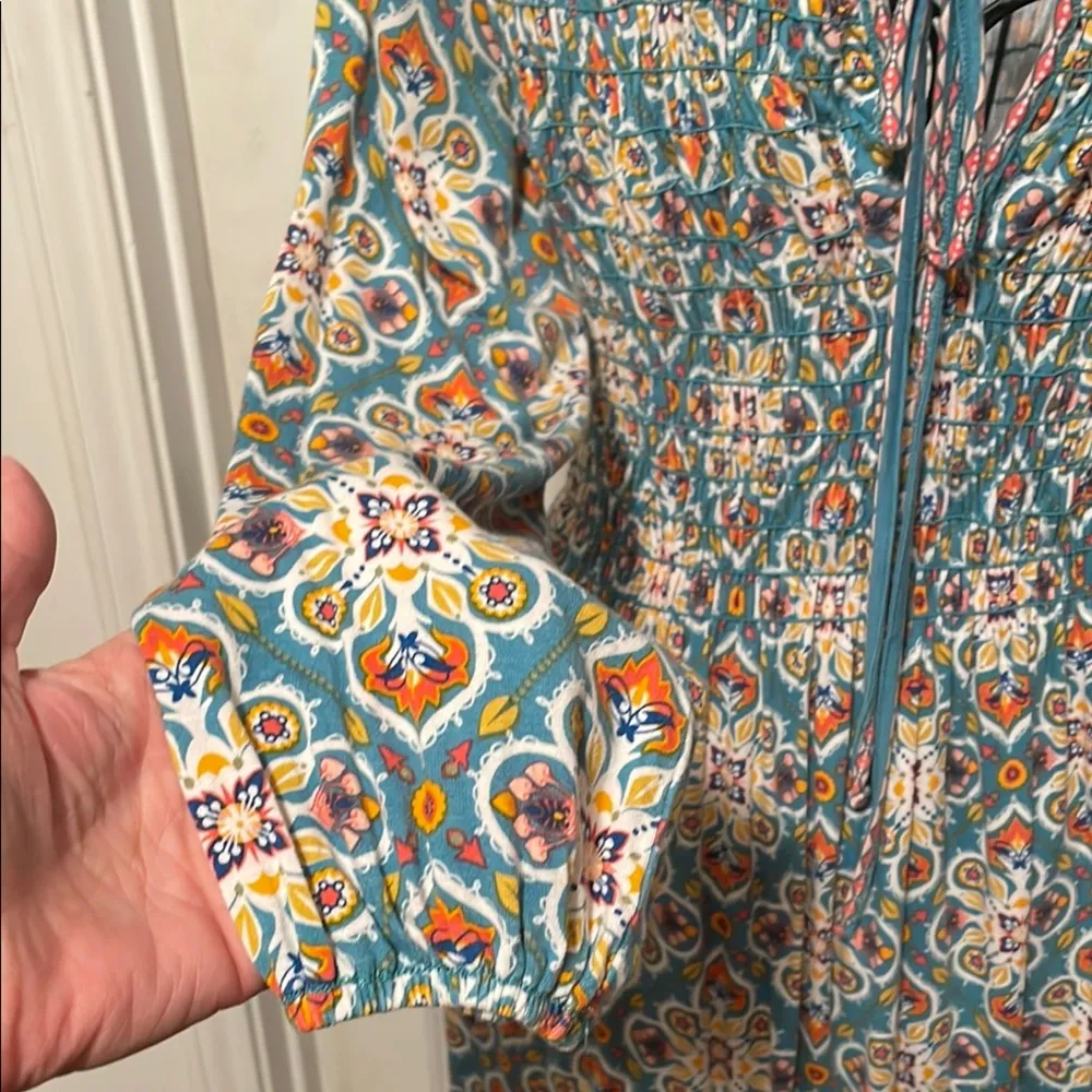 🚜🚜🚜3 for 12$🚜🚜🚜Blue and Orange Smocked Tie Front Sundress with Long Sleeves - Image 11