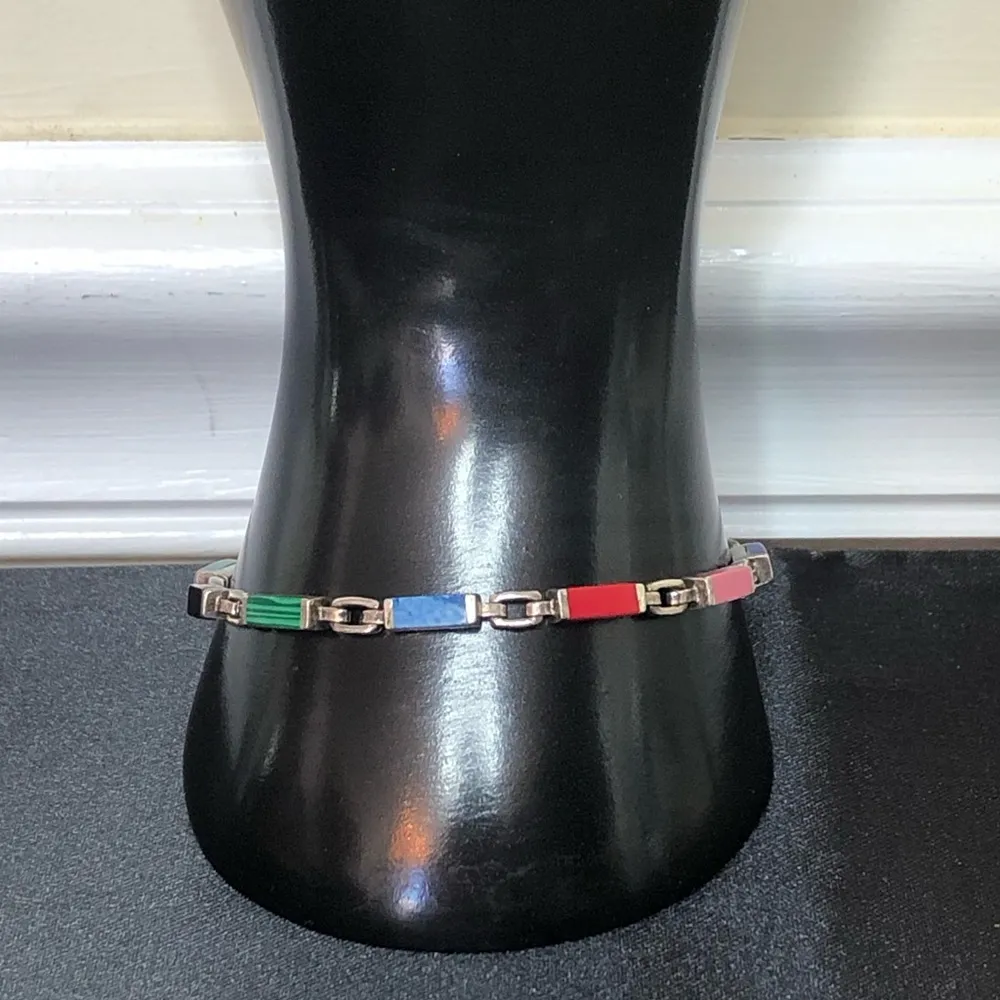 TAXCO Sterling Silver Multi-Gemstone Link Bracelet - Image 2