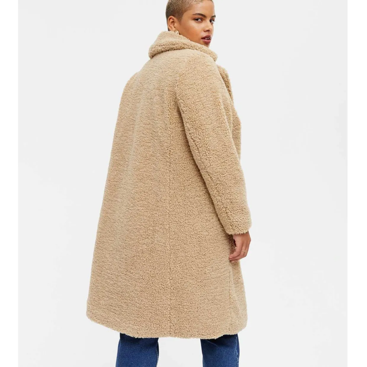 New Look Curves Camel Cozy Teddy Sherpa Long Coat Plus Size 16 Winter Beige - Image 3