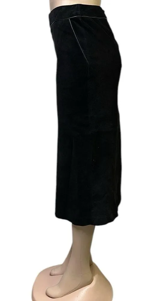 Genuine Suede Leather Black Ann Taylor Loft Slit and Button Back Midi Skirt 6 - Image 3