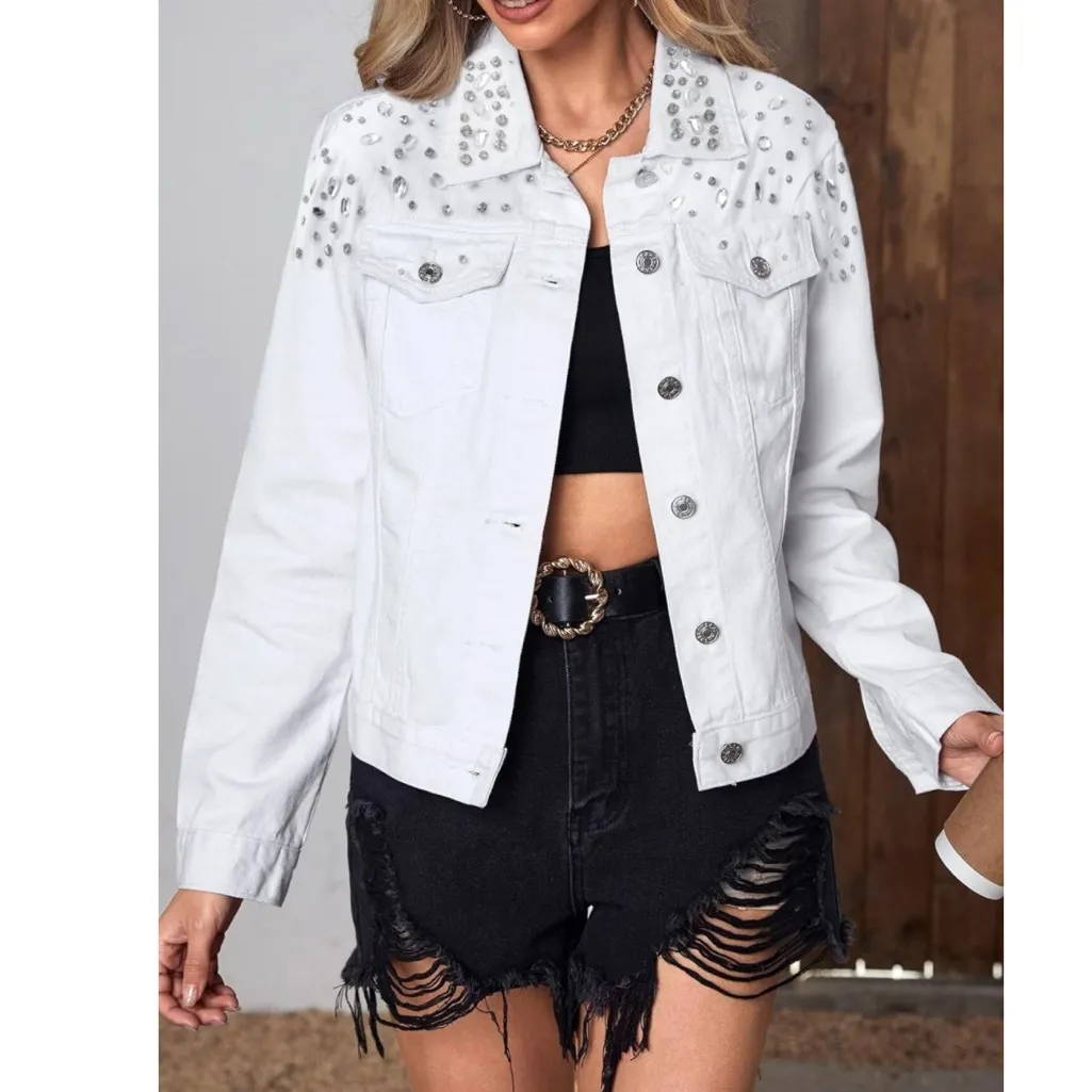 NWT Women’s White Jean Jacket Embellished Western Trucker‎ - Image 2