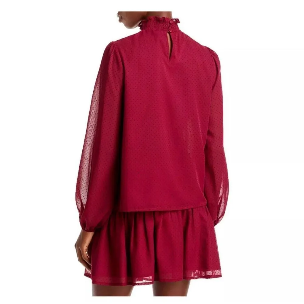 NWT Aqua Womens Prairie Smocked‎ Mock Neck Puff Long Sleeve Blouse Burgundy XS - Image 4