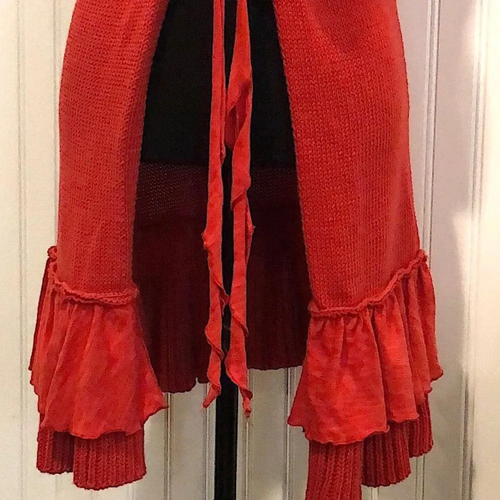 HANDKNIT Women’s Red Boho Chic Ruffle Knit Longline Vest Tie Front Sz SM - Image 3