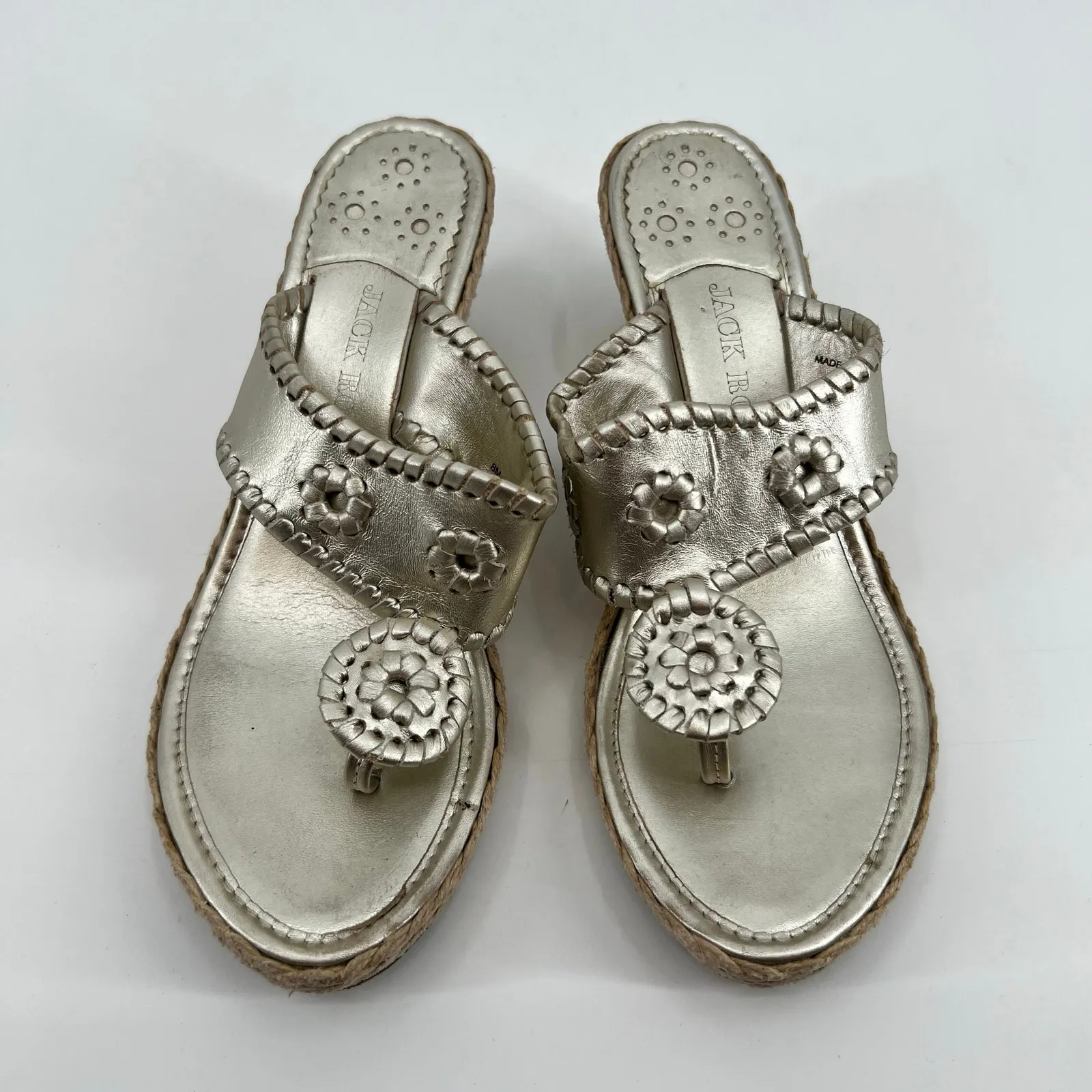 Jack Rogers Marbella gold leather espadrille wedge thong flip flop sandal size 8 - Image 2