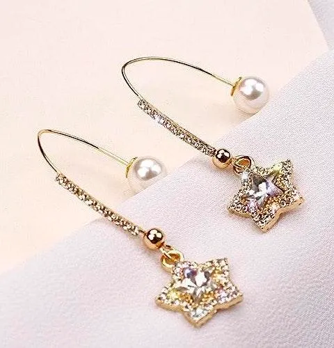 Crystal Star Pearl Drop Earrings Gold - Image 2
