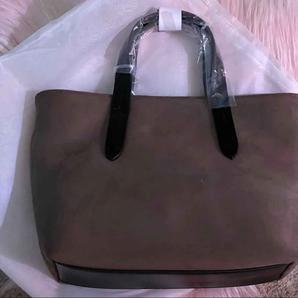 Neiman Marcus Mini Faux Suede Taupe Crossbody Tote Bag - Image 8