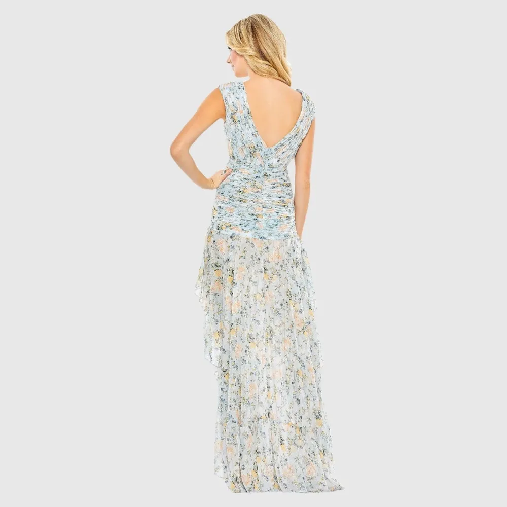 IEENA For MAC DUGGAL Floral Print Ruched Cap Sleeve High Low Gown 6 - Image 6