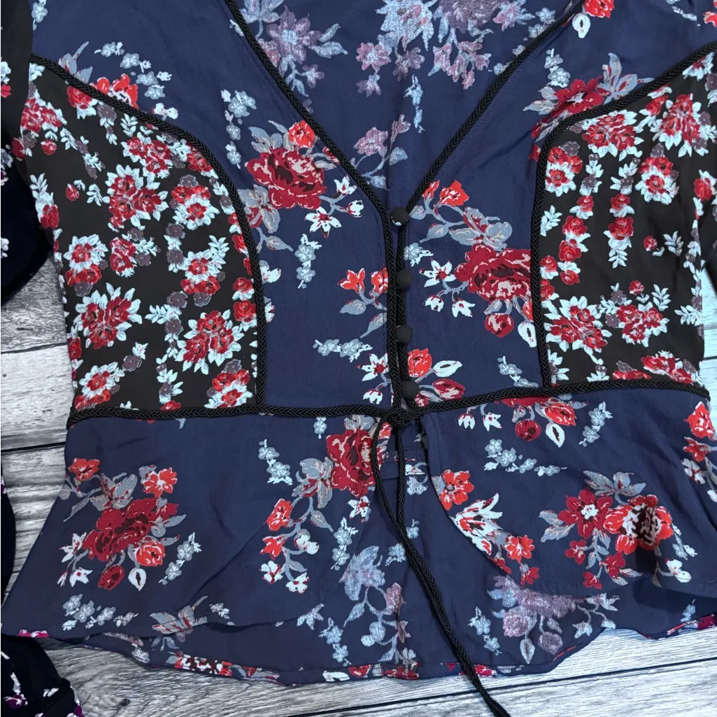 Free People “Way The World Turns” Floral Blouse Navy Blue Size Small - Image 3