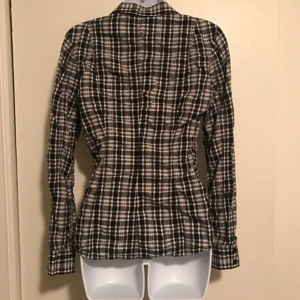 Guess Plaid Sparkle Button Up Long Sleeve Top - Image 3