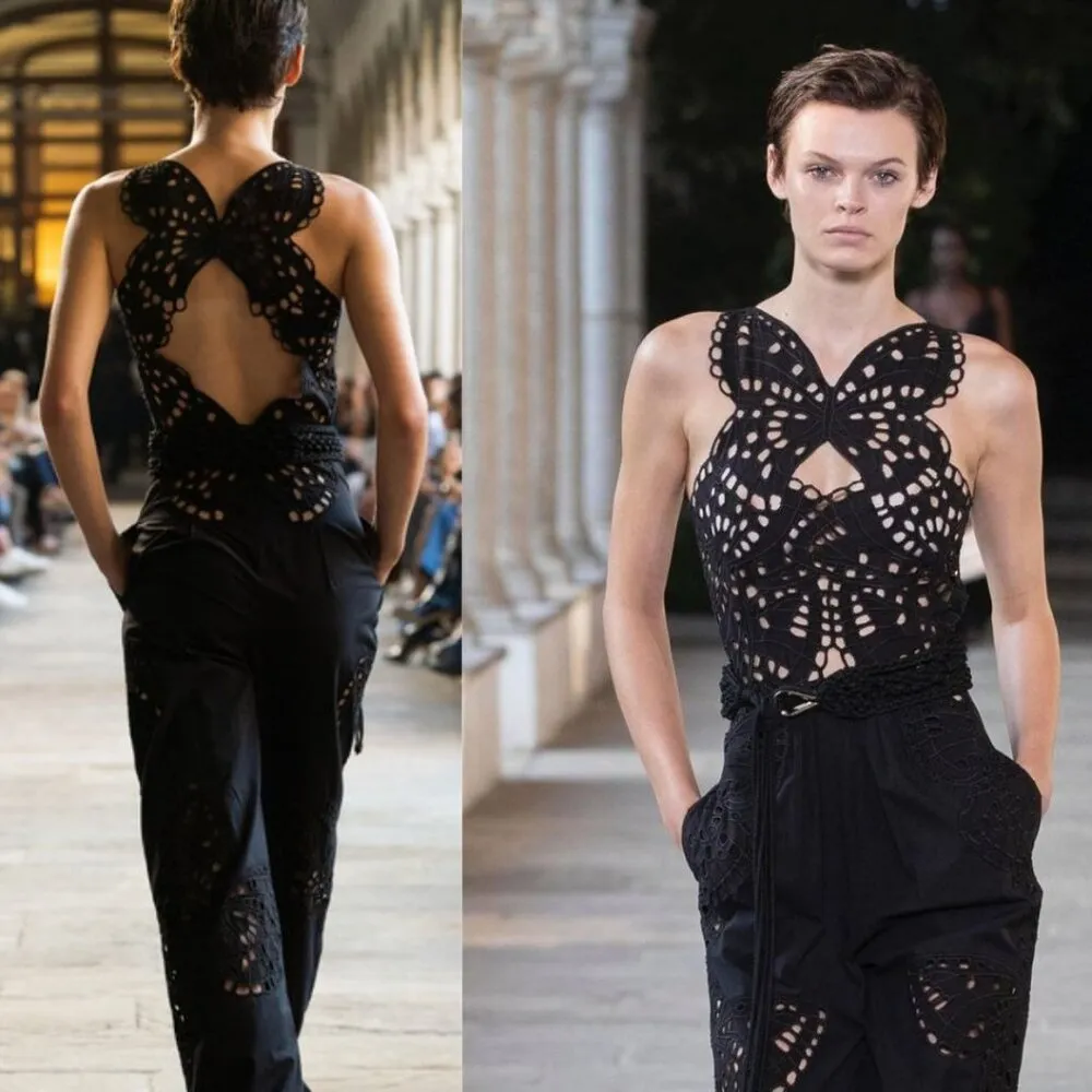 Alberta Ferretti Broderie Anglaise Cut Out Embroidered Butterfly Jumpsuit 4 Black - Image 6